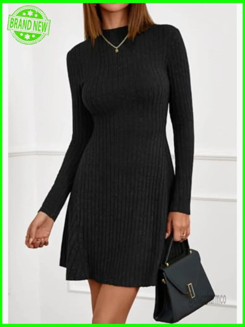 Ribbed Knit Mock Neck A-Line Sweater Dress Long Sleeve Fit Flare - Picture 3 of 6